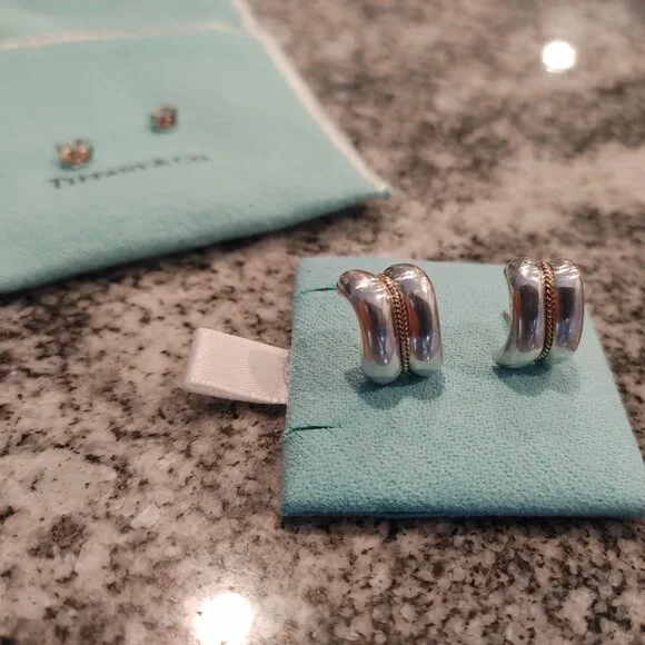 Tiffany & Co. Sterling Silver and 14K Yellow Gold Rope Stud Earrings with pouch - Picture 9 of 16